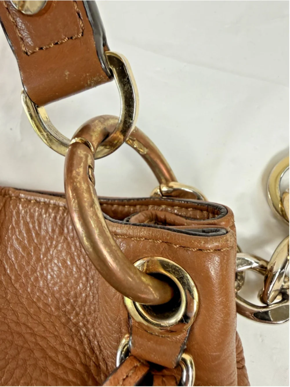 MICHAEL KORS BEDFORD LUGGAGE BROWN LEATHER LARGE CHAIN HOBO SHOULDER BAG